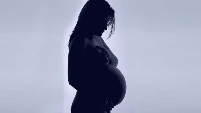 Silhueta em preto e branco de uma mulher grávida vista de perfil, em contraluz contra um fundo claro. Ela segura a barriga com as mãos enquanto olha para baixo.